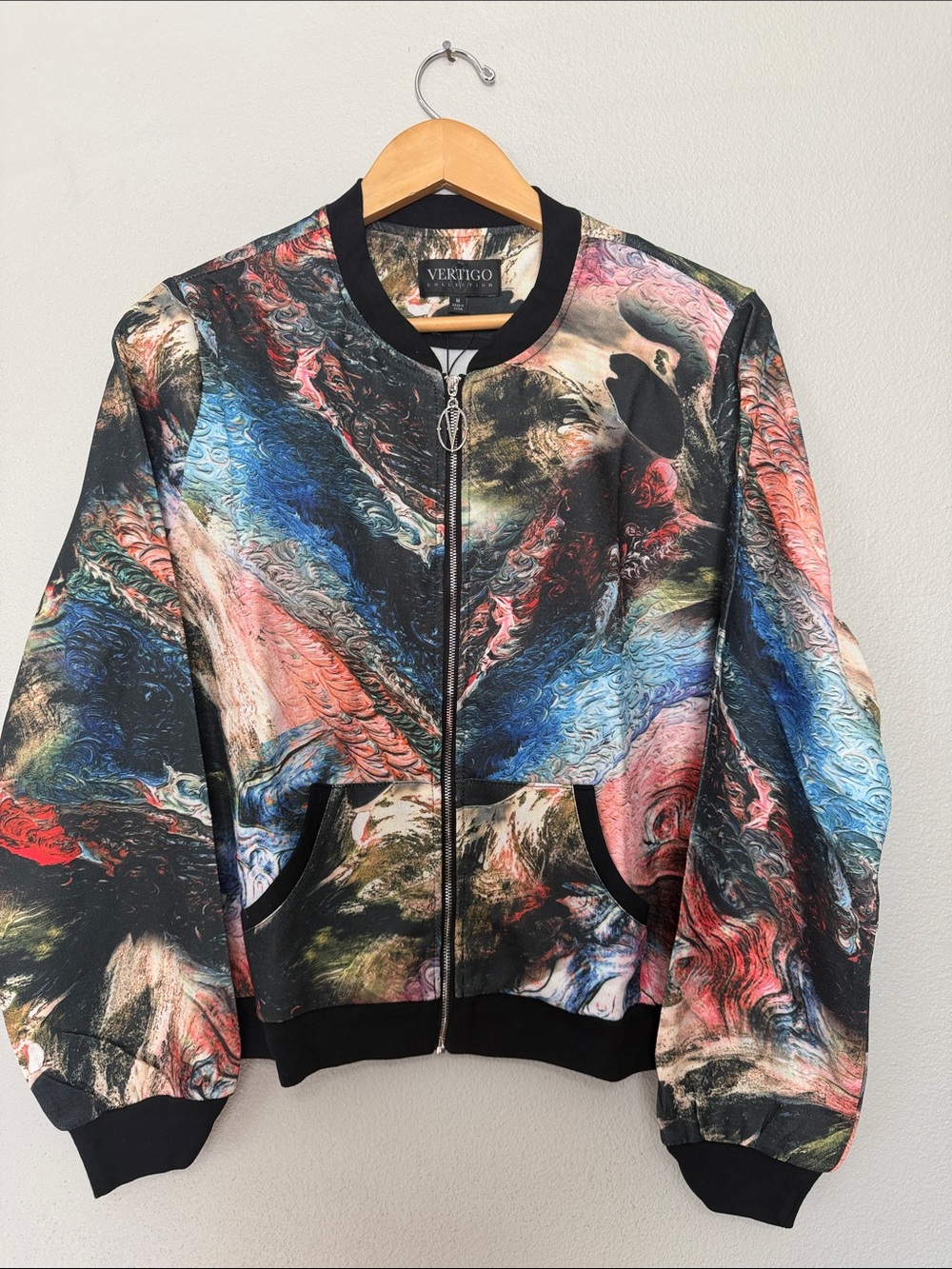 Vertigo Multicolor Abstract Zip Bomber Jacket with Black Trim Watermarks